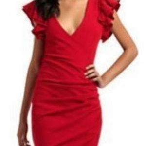 Red Ruffle Sleeve Wrap Dress